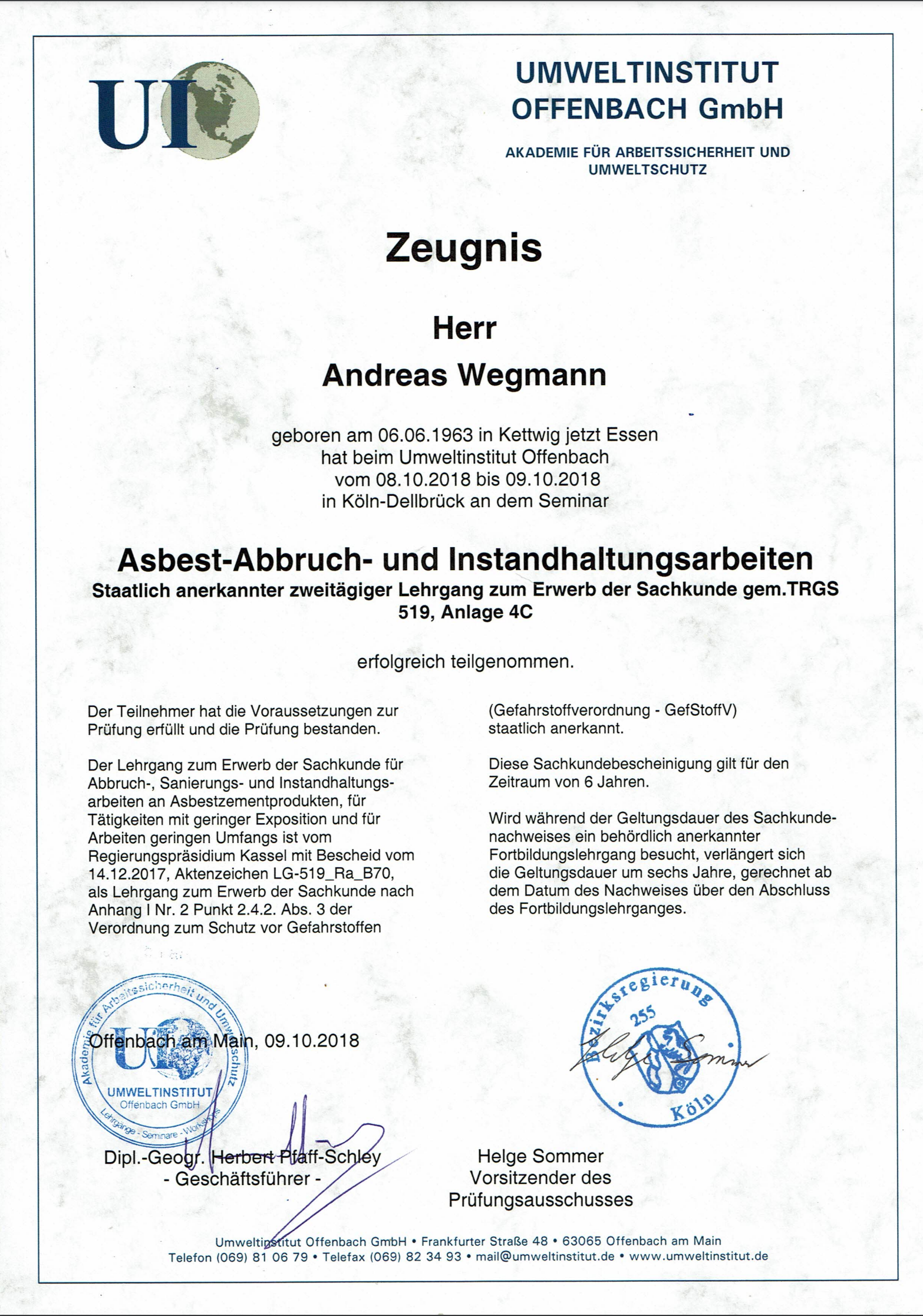 Zeugnis Asbest-Abbruch- und Instandhaltungsarbeiten - Schmiede und Schlosserei Wegmann aus Heiligenhaus